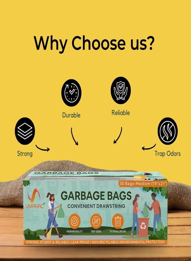 Umanac Garbage Bags - 30N | Medium (19x21) | Green Trash Bags | 100% Recyclable | Heavy Duty Dustbin Bags | Leak-Proof | Odour Control | Detachable Drawstring | Pack of 3 - Image 2